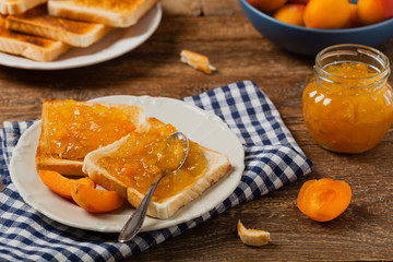Breakfast. Toasts with cherry or peach jam and fresh fruit.