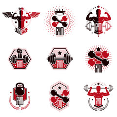 Gym weightlifting and fitness sport club logos, retro stylized vector emblems or badges set.
