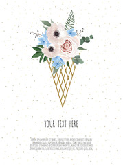 Card with flower rose, leaves. Wedding ornament concept. Floral poster, invite.