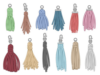 Tassels accessories. Leather fringe tassel trinket, handbag embelishments and fashion key chain isolated vector illustration
