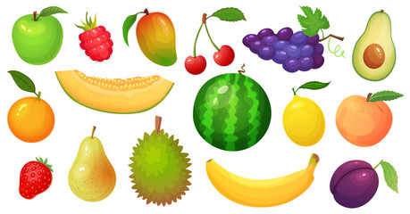 Cartoon fruits. Mango fruit, melon slice and tropical banana. Raspberry berries, watermelon and apple vector illustration set