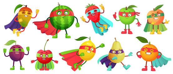 Superhero fruit. Super apple, berry and orange in hero cloak costume. Garden superheroes healthy food cartoon vector illustration set