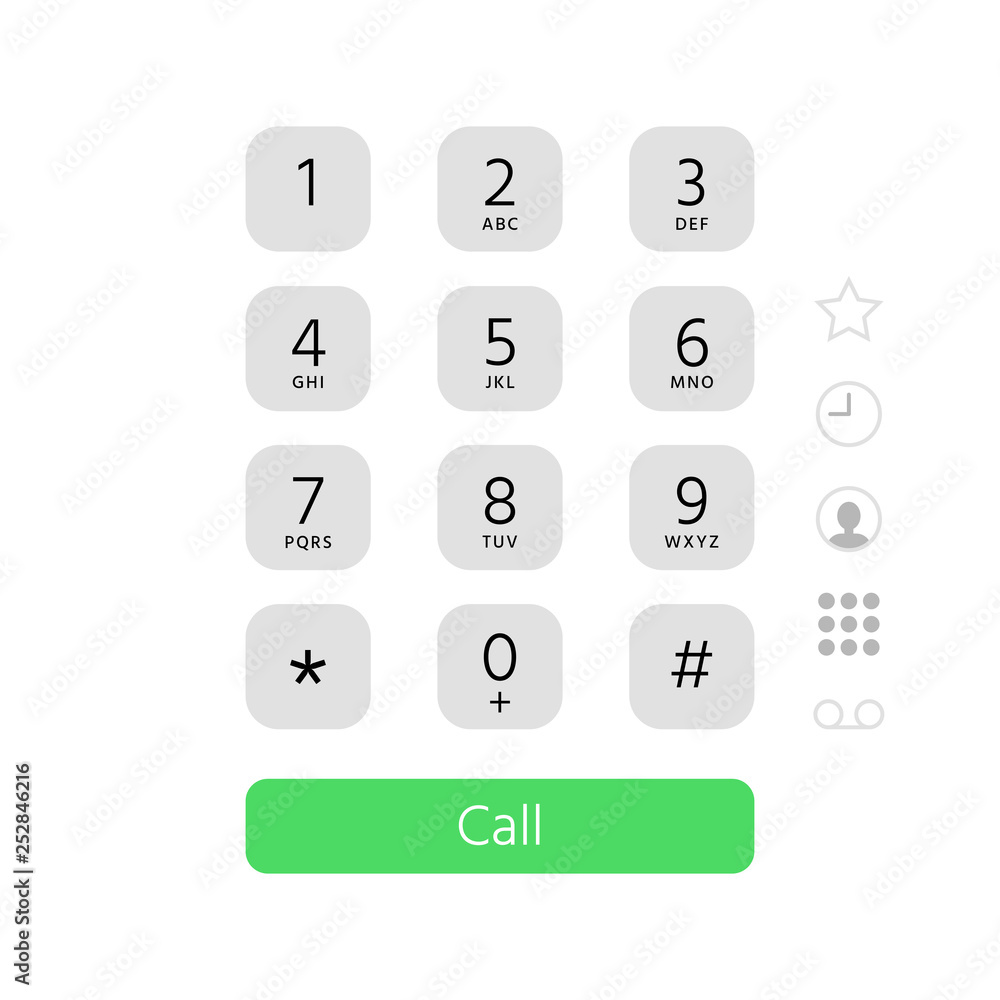 Poster dial keypad. touchscreen phone number keyboard interface inspired by apple iphone ios dialer flat ve