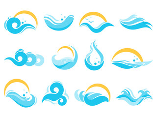 Sea water icons. Ocean waves, agua splash and blue river wave. Lake waters, flowing surface isolated vector icon illustration set