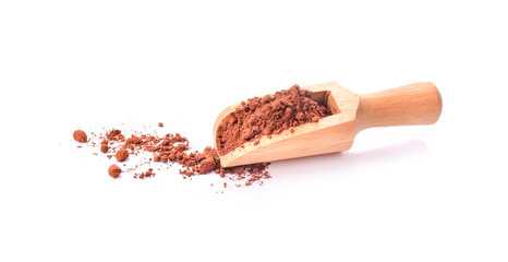pile cocoa powder on white background.