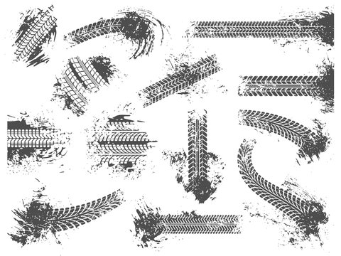 Dirty tire tracks. Grunge motor race track, wheel tires protector pattern and dirt wheels imprint texture vector illustration set