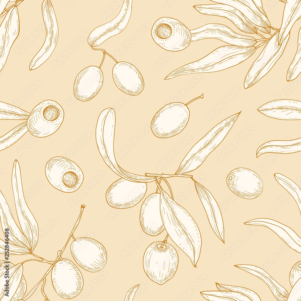 Poster decorative seamless pattern with olive tree branches, leaves, ripe fruits or drupes hand drawn with 
