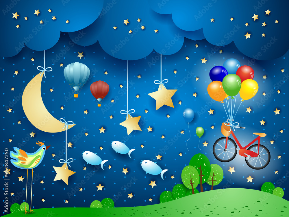 Sticker surreal night with moon, hanging bike, balloons, birds and flying fisches