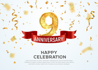 9 years anniversary vector banner template. Nine year jubilee with red ribbon and confetti on white background