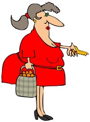 Brunette woman with a key and bag of oranges