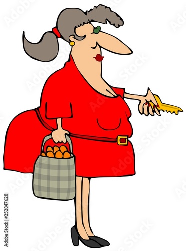 Brunette woman with a key and bag of oranges