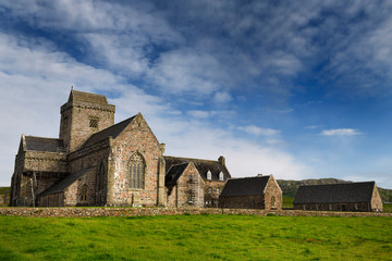 Fototapeta na wymiar Restoration work at Iona Abbey monastery founded by St Columba bringing christianity to Scotland on Isle of Iona Inner Hebrides Scotland UK
