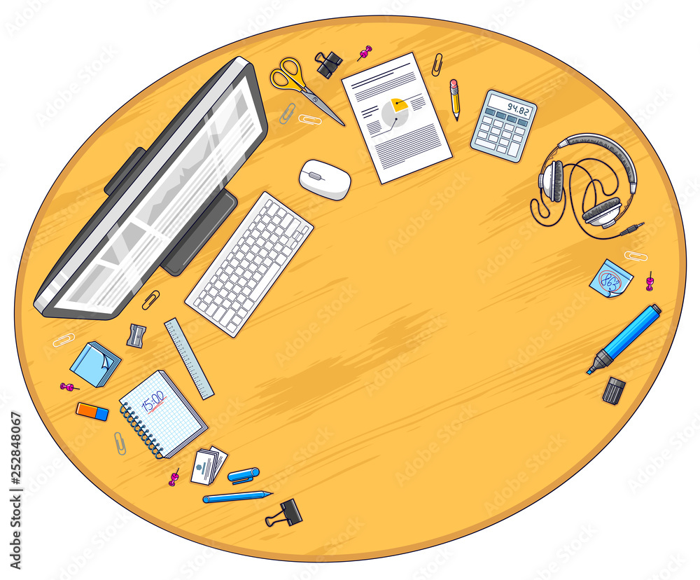 Fototapete wooden work desk workspace top view with pc computer and a lot of different stationery objects on ta