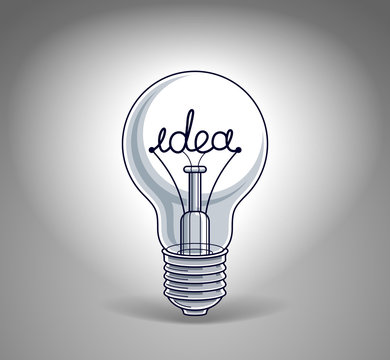 Light bulb concept with idea word instead of tungsten wire, beautiful vector illustration.