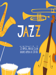 Vector jazz poster with musical instruments and text