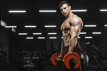 Fototapeta na wymiar Handsome strong athletic men pumping up muscles workout barbell curl bodybuilding concept background