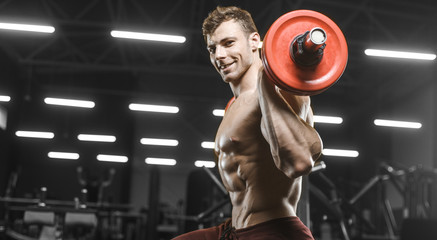 Handsome strong athletic men pumping up muscles workout barbell squat bodybuilding concept...