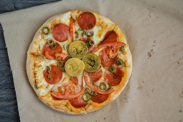 Bitcoin Pizza Day 22 May. Cryptocommunity holiday. concept of buying pizza with bitcoin.