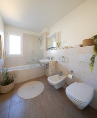 Fototapeta na wymiar Modern minimalist bathroom with bathtub and clear tiles