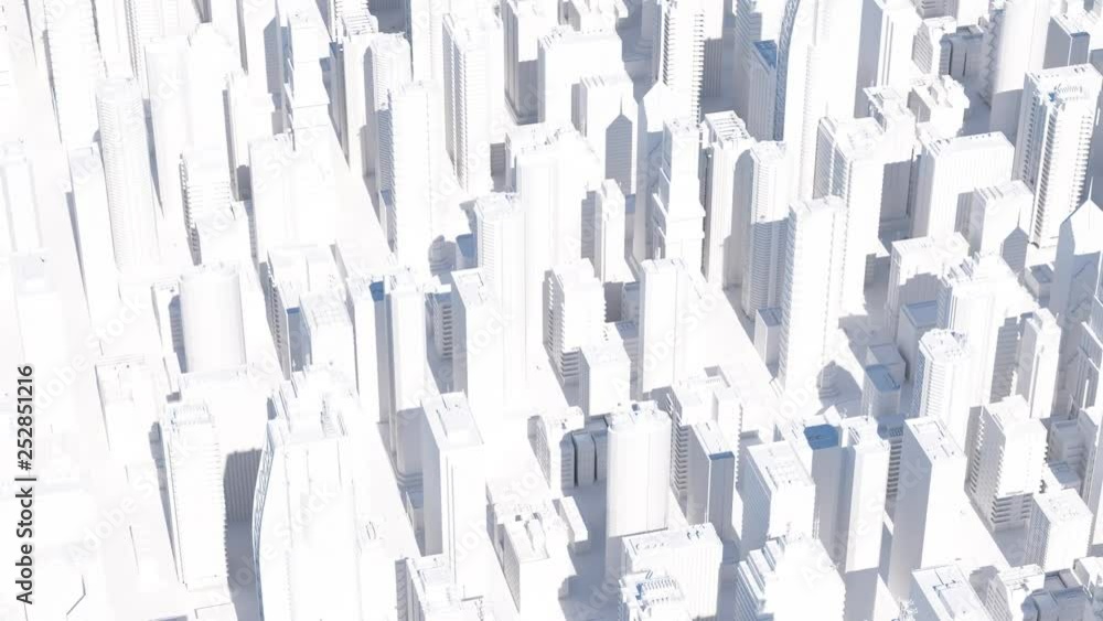 Poster loopable 3d render of abstract bright city with skyscrapers. simple forms of buildings in daylight.