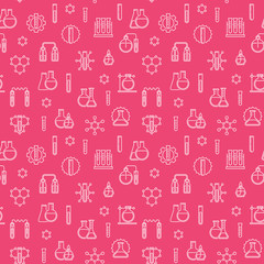 Seamless vector pattern with Chemistry and Laboratory Glassware icons in thin line style on red background