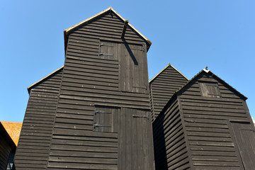 Historic listed net huts on Hastings Beach, East Sussex