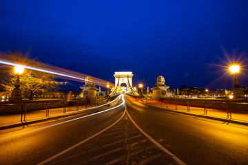 Fototapeta na wymiar Long exposure of Chain bridge on Danube river in the night at Budapest city,hungary