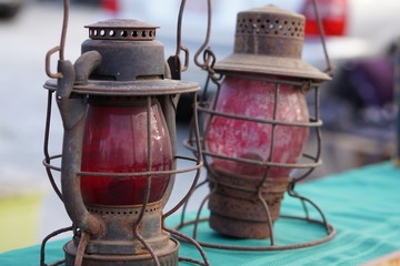 Rusty vintage red miner's lanterns