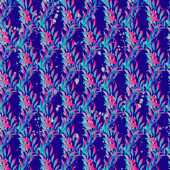 Abstract seamless pattern with exotic tropical leaves. Vector illustration with hand drawn leaves in pastel tones on ultraviolet background.ultraviolet leaves abstract pattern