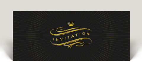 Template invitation with glitter gold flourishes elements and crown  - vector illustration