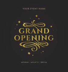 Grand opening - glitter gold logo with flourishes ornamental elements on black background. Vector illustration.