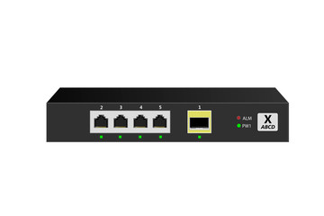 Small Office Switch (SOHO) with 4 10/100 / 1000Base-T ports, 1 1000Base-X SFP port in horizontal orientation. Vector illustration.