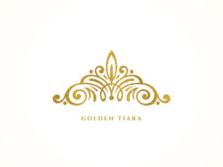 Elegant glitter gold tiara logo on white background. Vector illustration. - obrazy, fototapety, plakaty