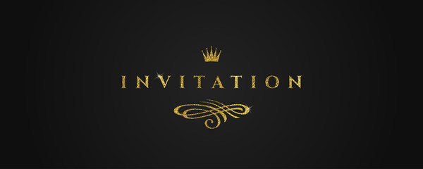 Template invitation with glitter gold flourishes elements and crown  - vector illustration