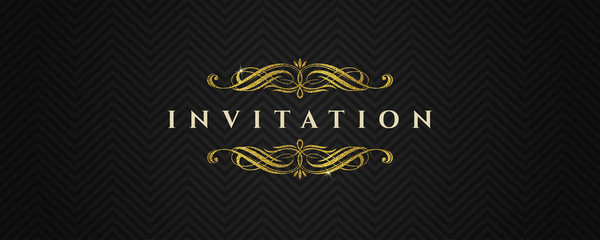 Template invitation with glitter gold flourishes elements on a black chevron pattern  - vector illustration