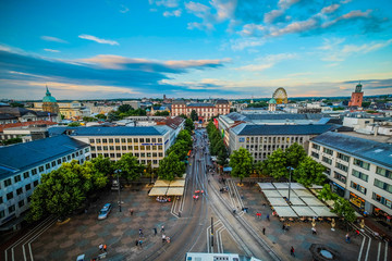High angle view above the city of Darmstadt towards castle in summer while summer festival