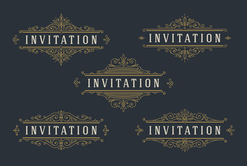 Set of flourishes and ornamental vector vintage design for invitation or greeting card. Vector illustration.