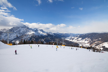 Fototapeta na wymiar Monte Elmo, Dolomites, Italy - Mountain skiing and snowboarding. Sexten (Sesto), Trentino-Alto Adige, Puster Valley (Alta Pusteria), South Tyrol.