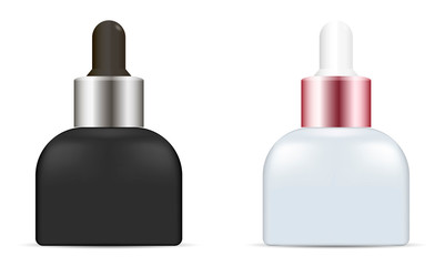 Oil Dropper Bottle. Cosmetic Serum Package Set. Skin Drop Aroma Packaging Container 3d Template. Glass Pharmaceutical Packaging. Organic Care Perfume Design.