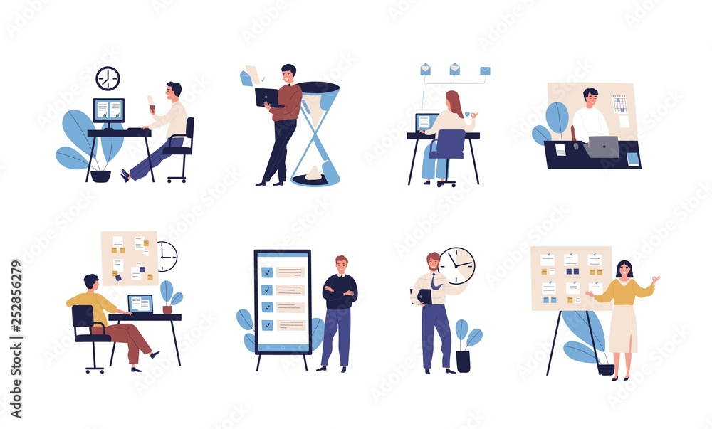 Poster Collection of people successfully organizing their tasks and appointments. Set of scenes with efficient and effective time management and multitasking at work. Flat cartoon vector illustration.