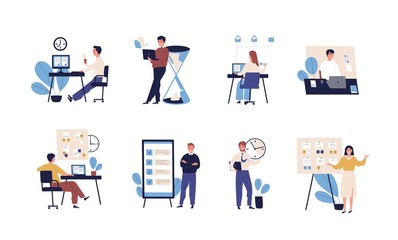 Fototapeta na wymiar Collection of people successfully organizing their tasks and appointments. Set of scenes with efficient and effective time management and multitasking at work. Flat cartoon vector illustration.