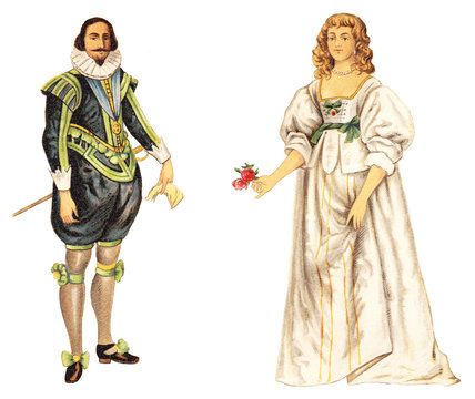 Charles I of England and english noblewoman (1624-1640) / vintage illustration from Meyers Konversations-Lexikon 1897