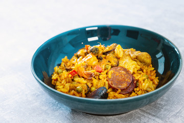 Prawn with rice - closeup of prawn with rice - traditionnal spanish food paella