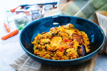 Prawn with rice - closeup of prawn with rice - traditionnal spanish food paella
