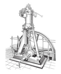 Old diesel engine / vintage illustration from Meyers Konversations-Lexikon 1897