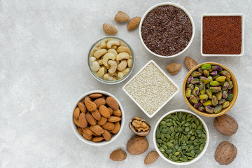 High protein seeds and nuts. Healthy food concept