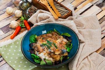 Moussaka, Oriental dish common to Turkey, Greece and the Balkans, consisting of aubergines baked.