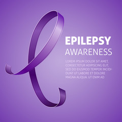 A square vector image with a purple ribbon as a symbol of epilepsy awareness. A world epilepsy day. A template for a medicine flyer poster card design 