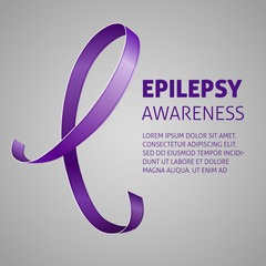 A square vector image with a purple ribbon as a symbol of epilepsy awareness. A world epilepsy day. A template for a medicine flyer poster card design 