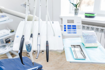 Fototapeta na wymiar Different dental instruments and tools in a dentists office